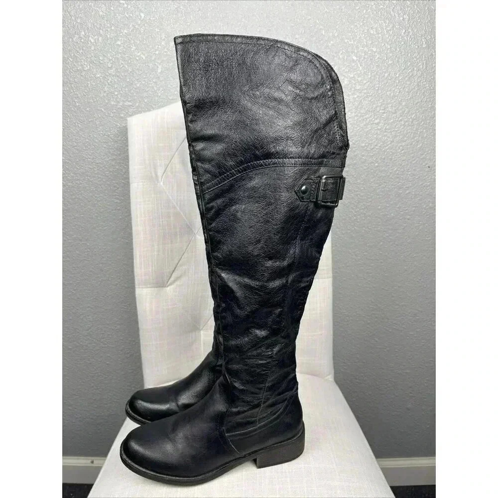 Steve Madden OTK Black Genuine Leather Sz 7 M Over The Knee Boots Black EUC